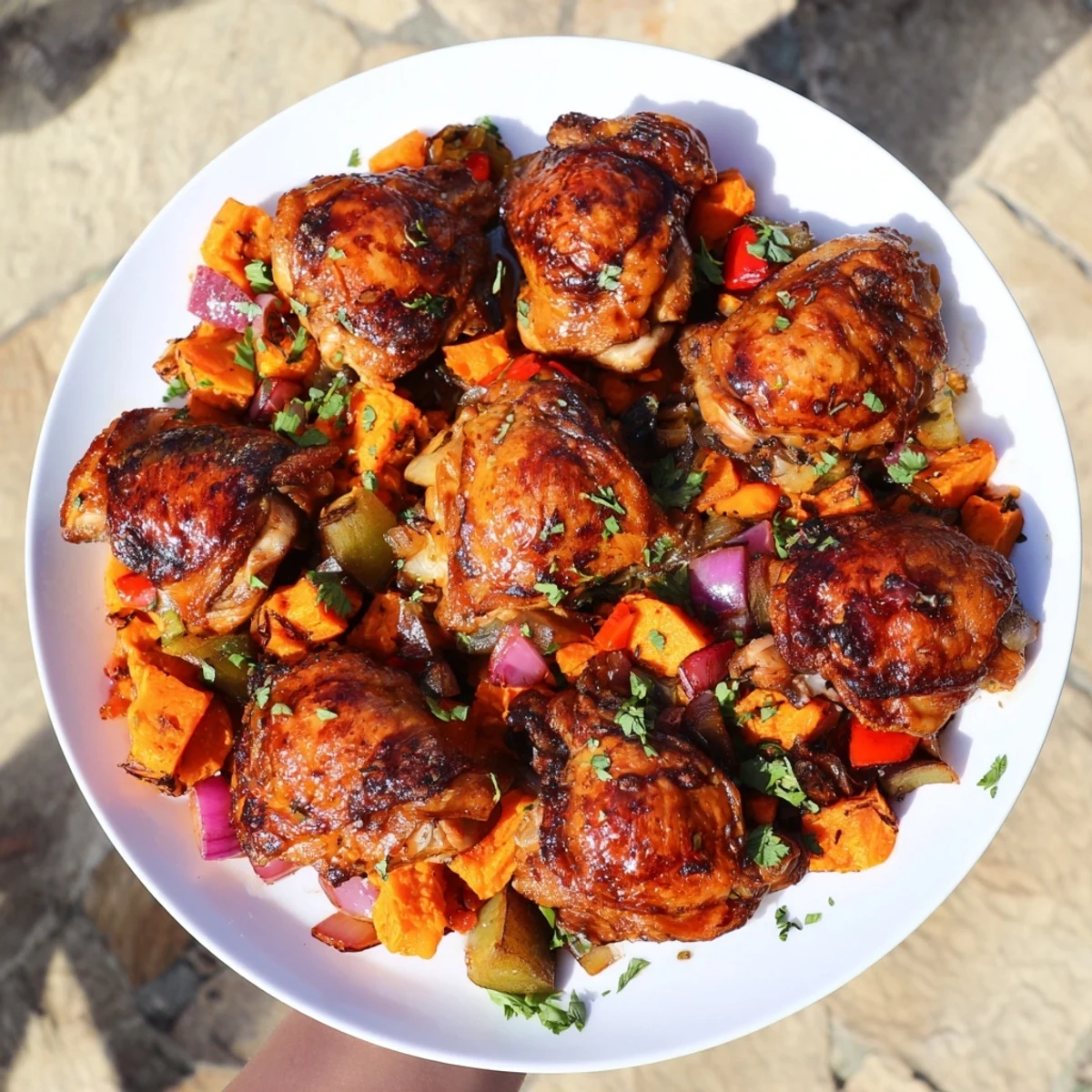Succulent maple bourbon chicken atop hearty sweet potato hash with vibrant vegetables.  