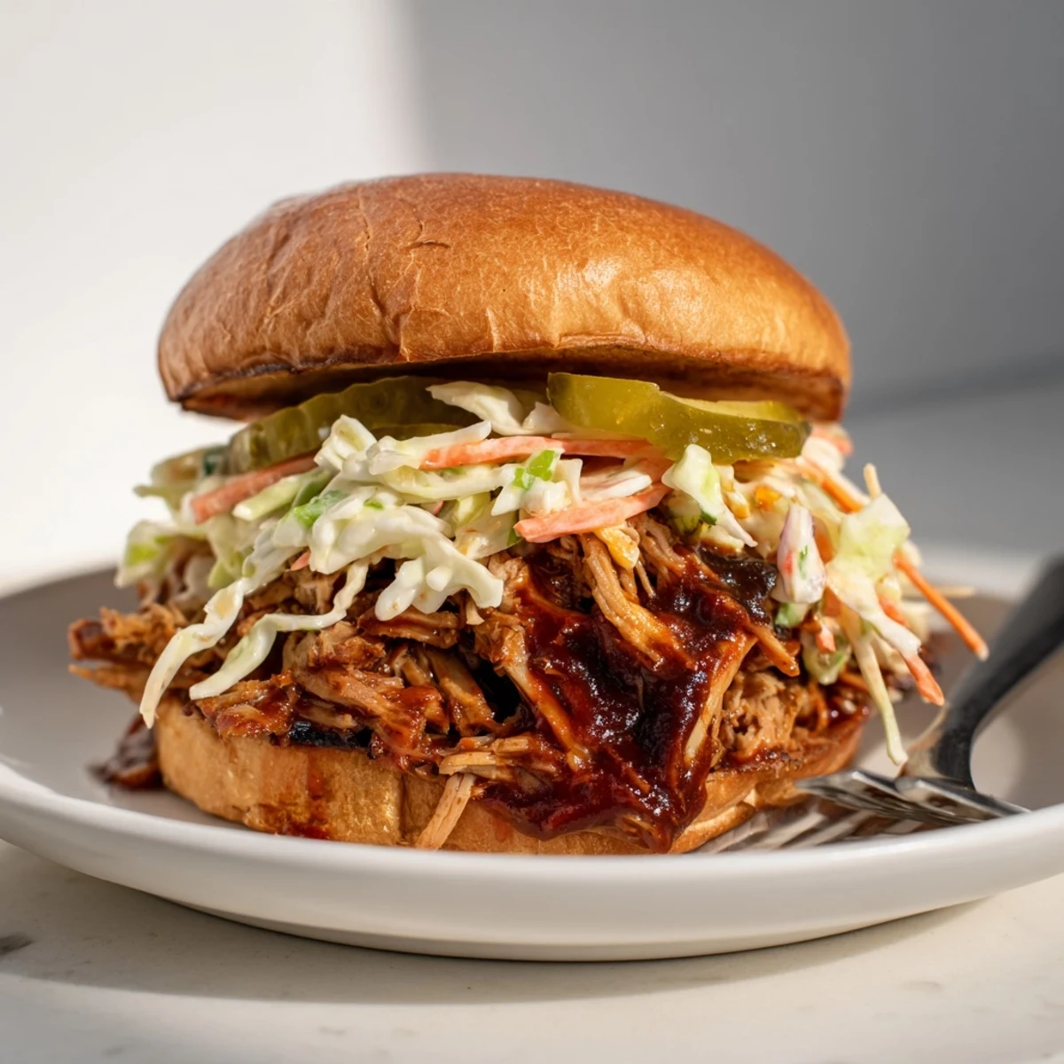 BBQ Jackfruit Pulled Pork Sandwiches topped with coleslaw on toasted burger buns.  