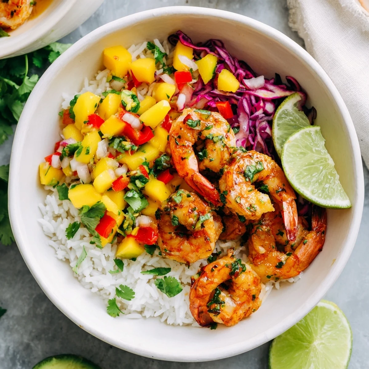 Colorful bowls filled with cilantro lime shrimp, mango salsa, and fresh avocado slices.  