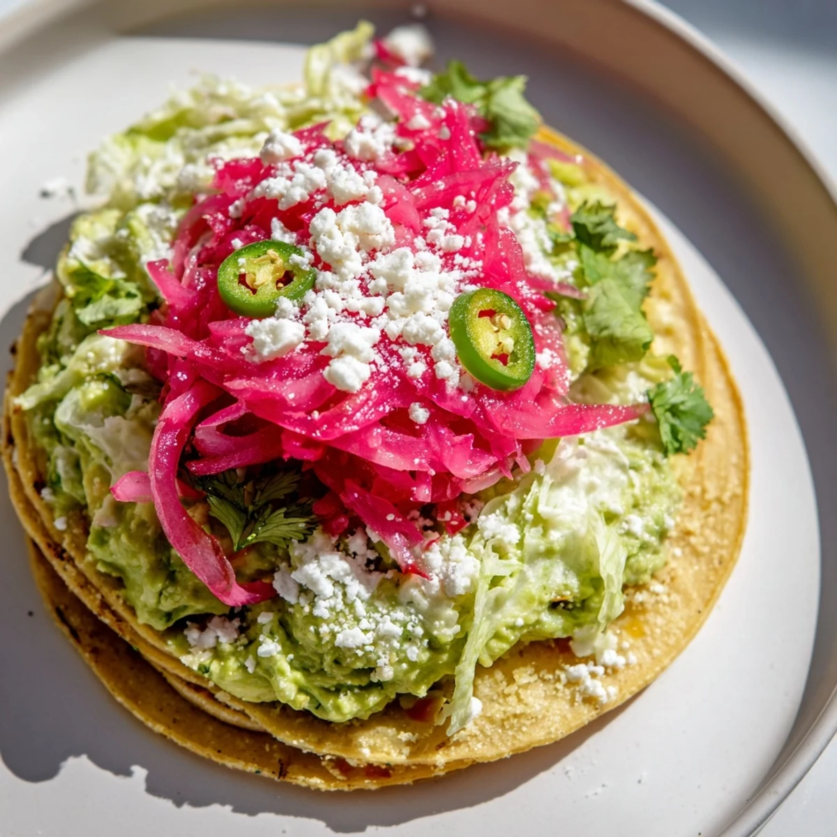 These quick 5-minute pickled red onion tacos offer a satisfying mix of textures with the crispy crema.