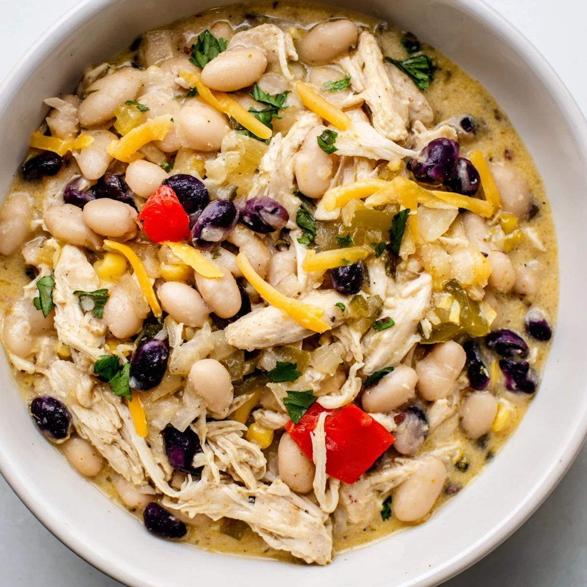 A steaming bowl of slow cooker white chicken chili with black beans, topped with fresh cilantro.