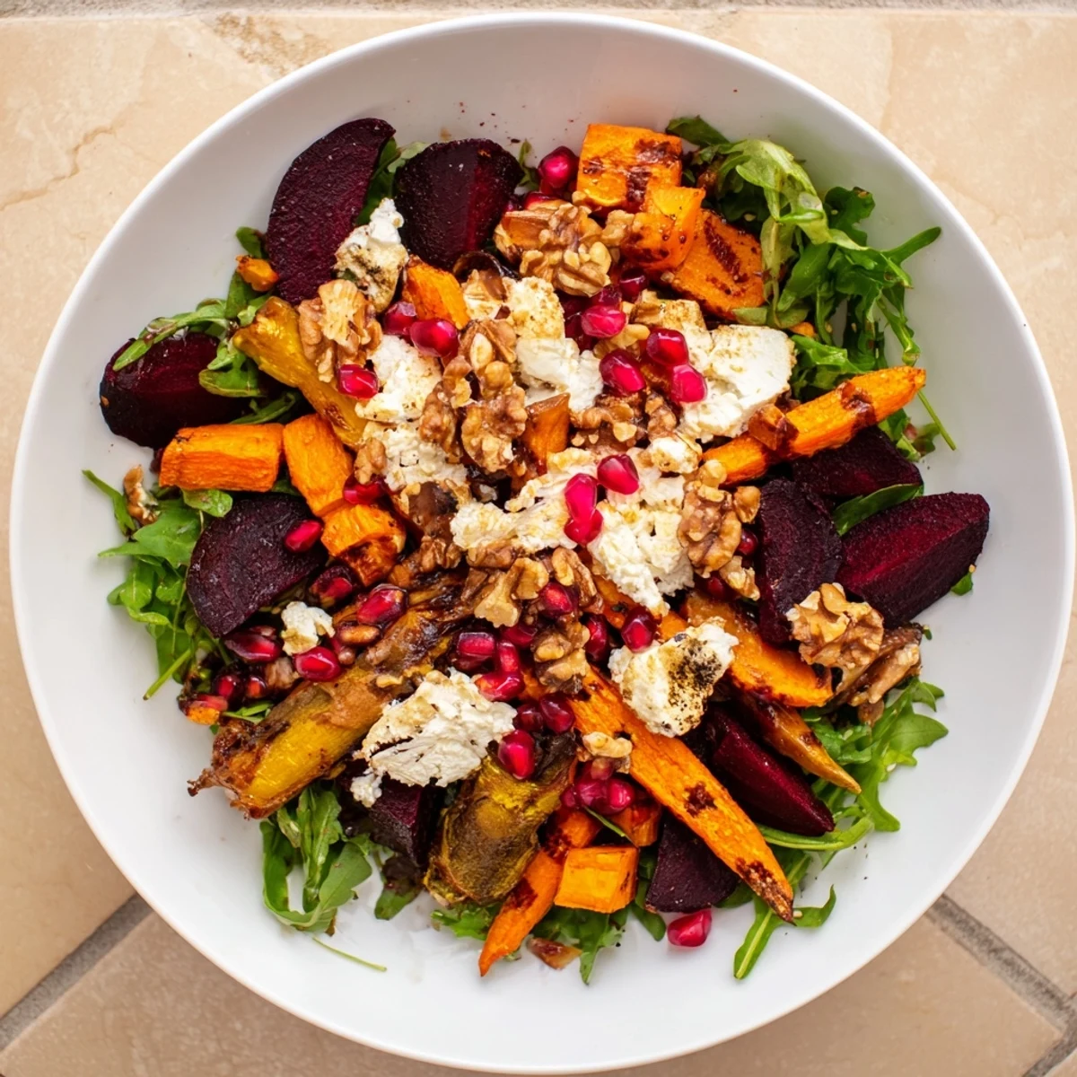 Vibrant Seasonal Root Vegetable & Goat Cheese Salad, drizzled with vinaigrette, showing roasted vegetables and pomegranate.
