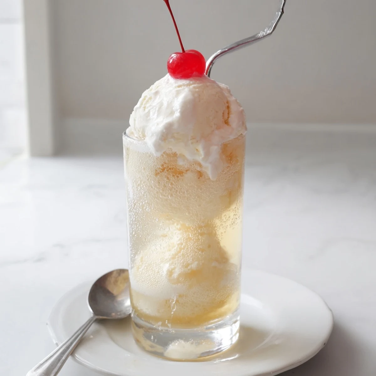Homemade cream soda float with vanilla ice cream, bubbly, refreshing beverage, and perfect dessert.