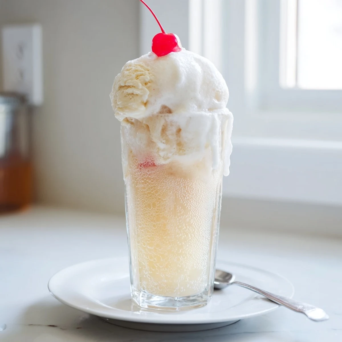 A tall glass showing a Homemade Cream Soda Float, vanilla ice cream melting into the pink soda.
