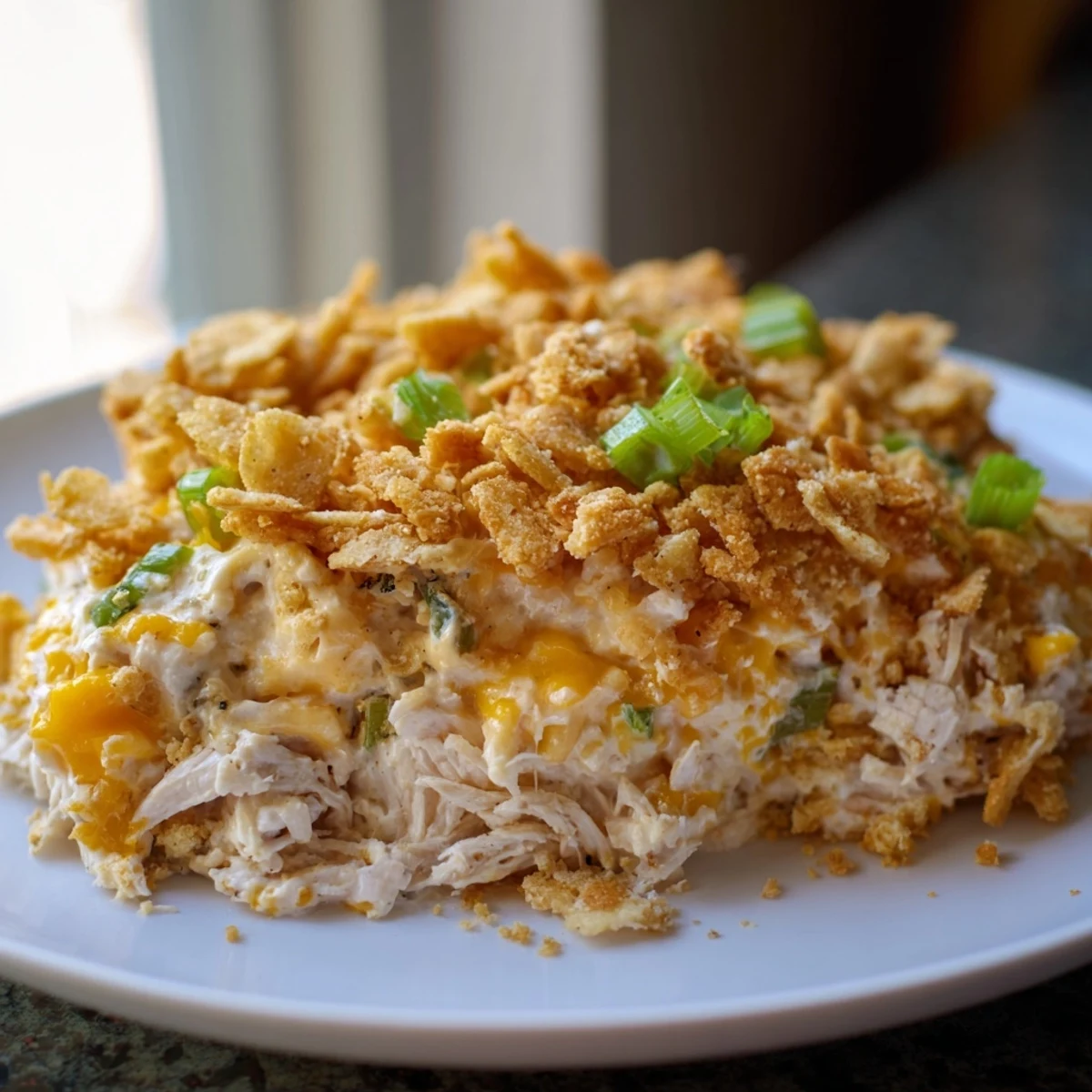 Creamy Neiman Marcus-Style Chicken Casserole, topped with golden crumbs and smelling fantastic after baking.