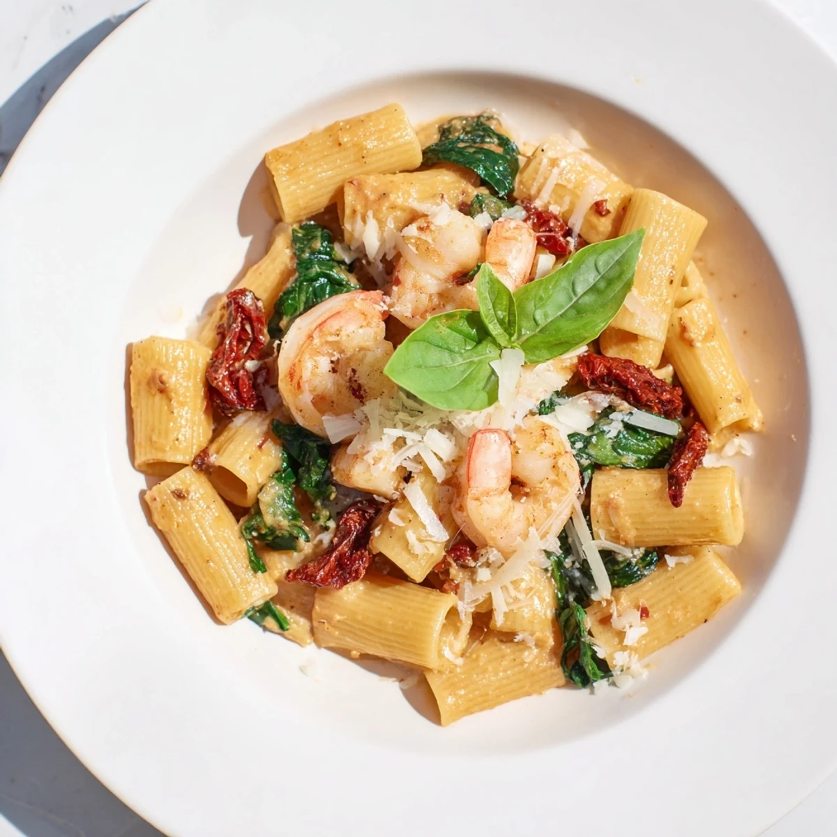 One-Pot Marry Me Shrimp Pasta with vibrant shrimp, rich sun-dried tomato cream, and fresh basil garnish.