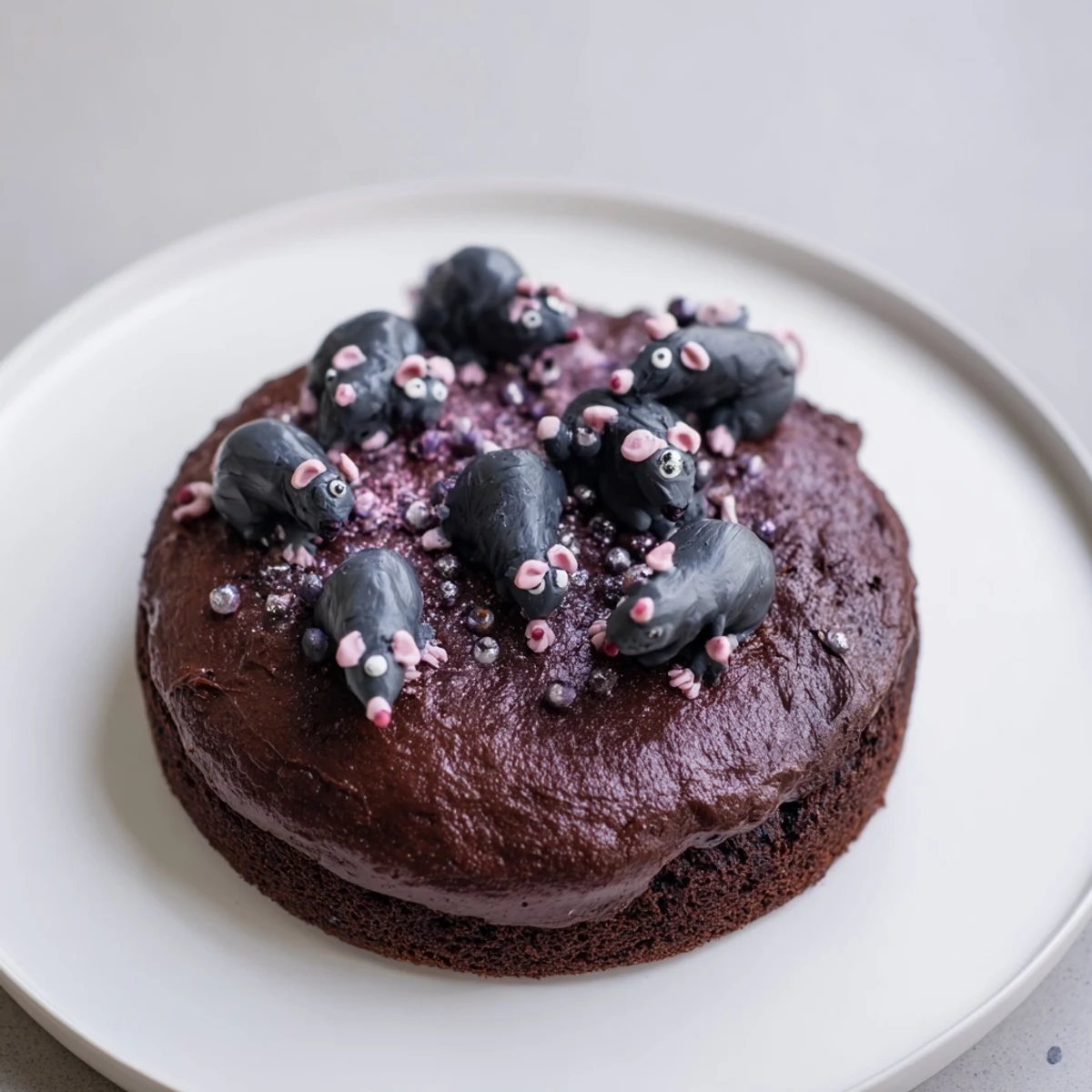 A slice of Rat Cake displaying a rich, dark chocolate base and adorned with whimsical marzipan rat decorations.