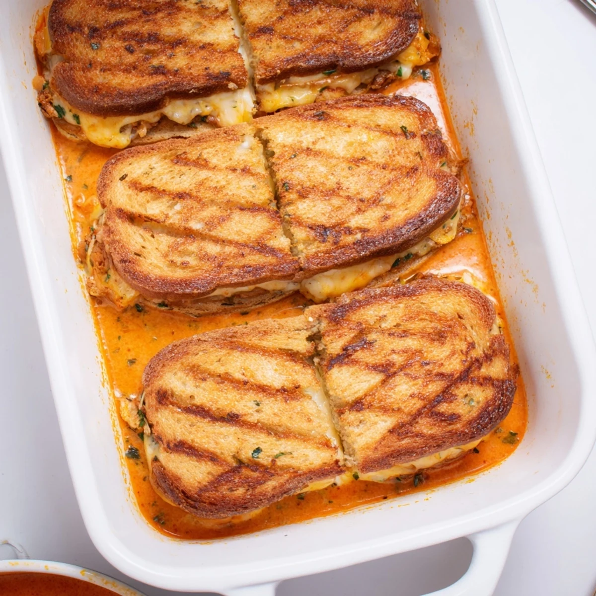 Easy Tomato Soup & Grilled Cheese Casserole Bake bubbling golden brown in a casserole dish.