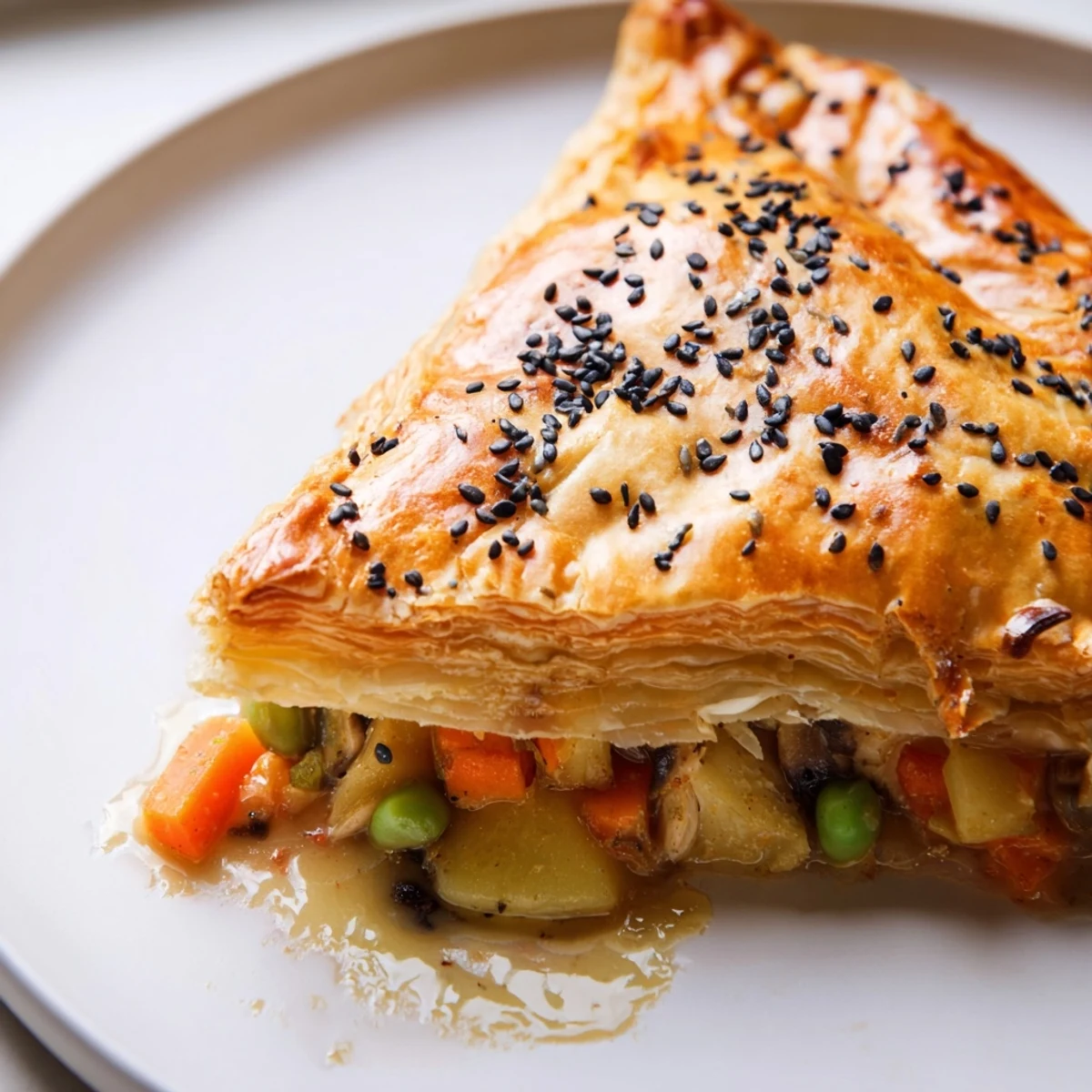 Golden crust covers the Japanese-Inspired Chicken Pot Pie, steam rising from its flavorful, rich filling.