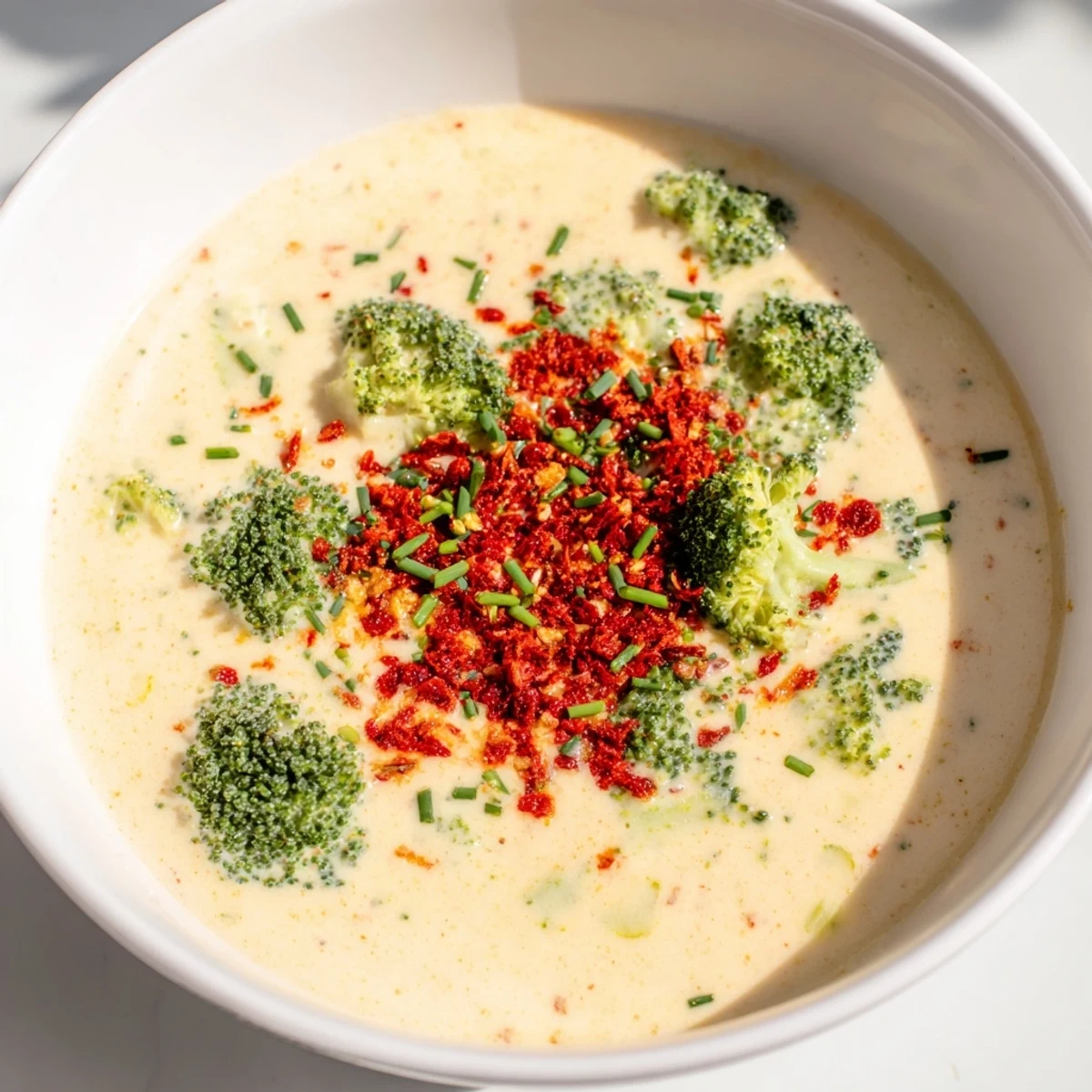 Hot, cheesy Broccoli Cheddar Soup with crispy chili crunch, ready for a comforting meal.
