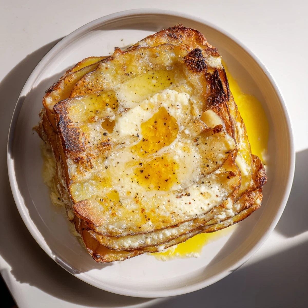 A close-up of the rich kombu-infused creamy potato gratin, creamy and layered, fresh from the oven.