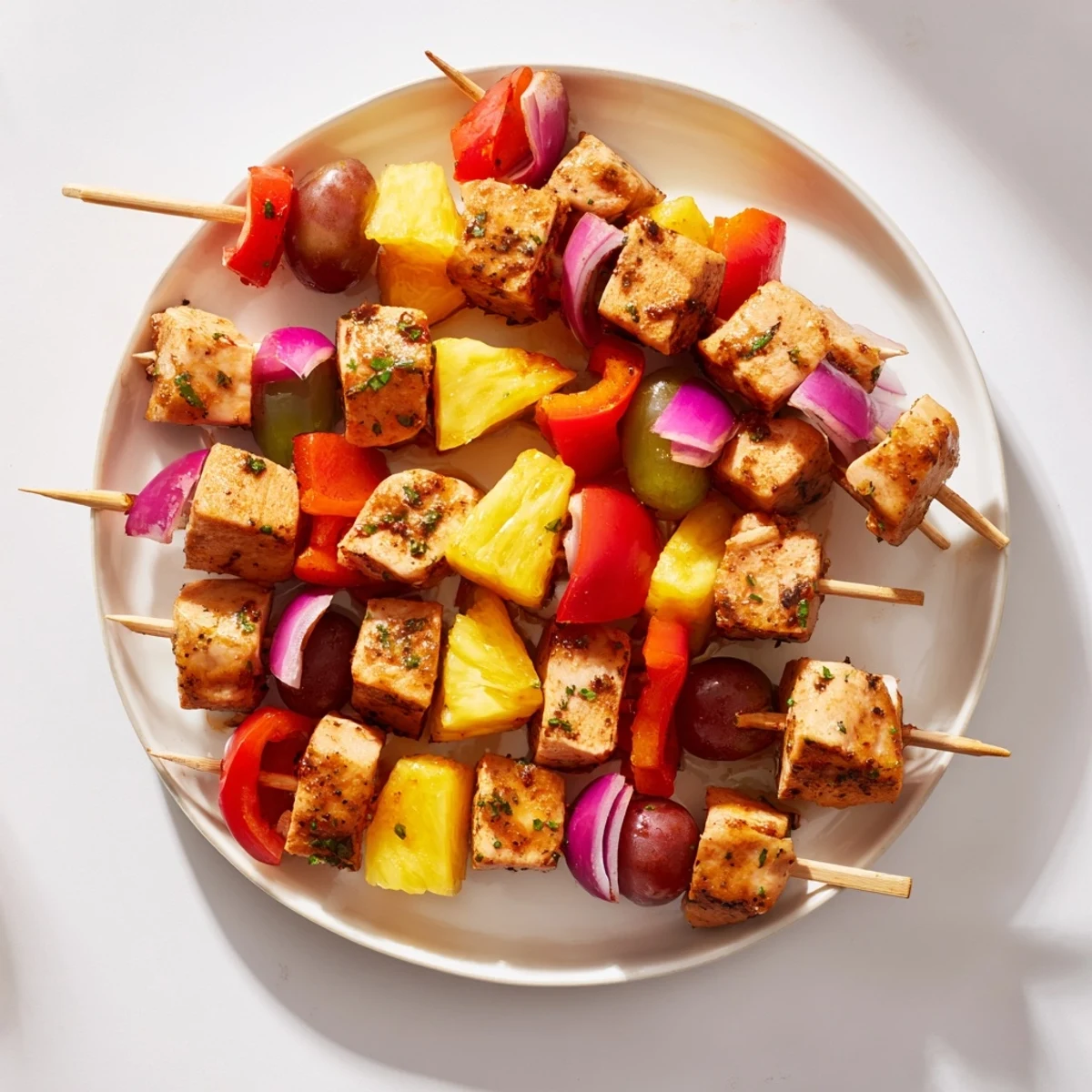 Grilled Savory Fruit Turkey Skewers feature tender turkey, sweet fruit, and a glistening herby maple glaze coating each piece.