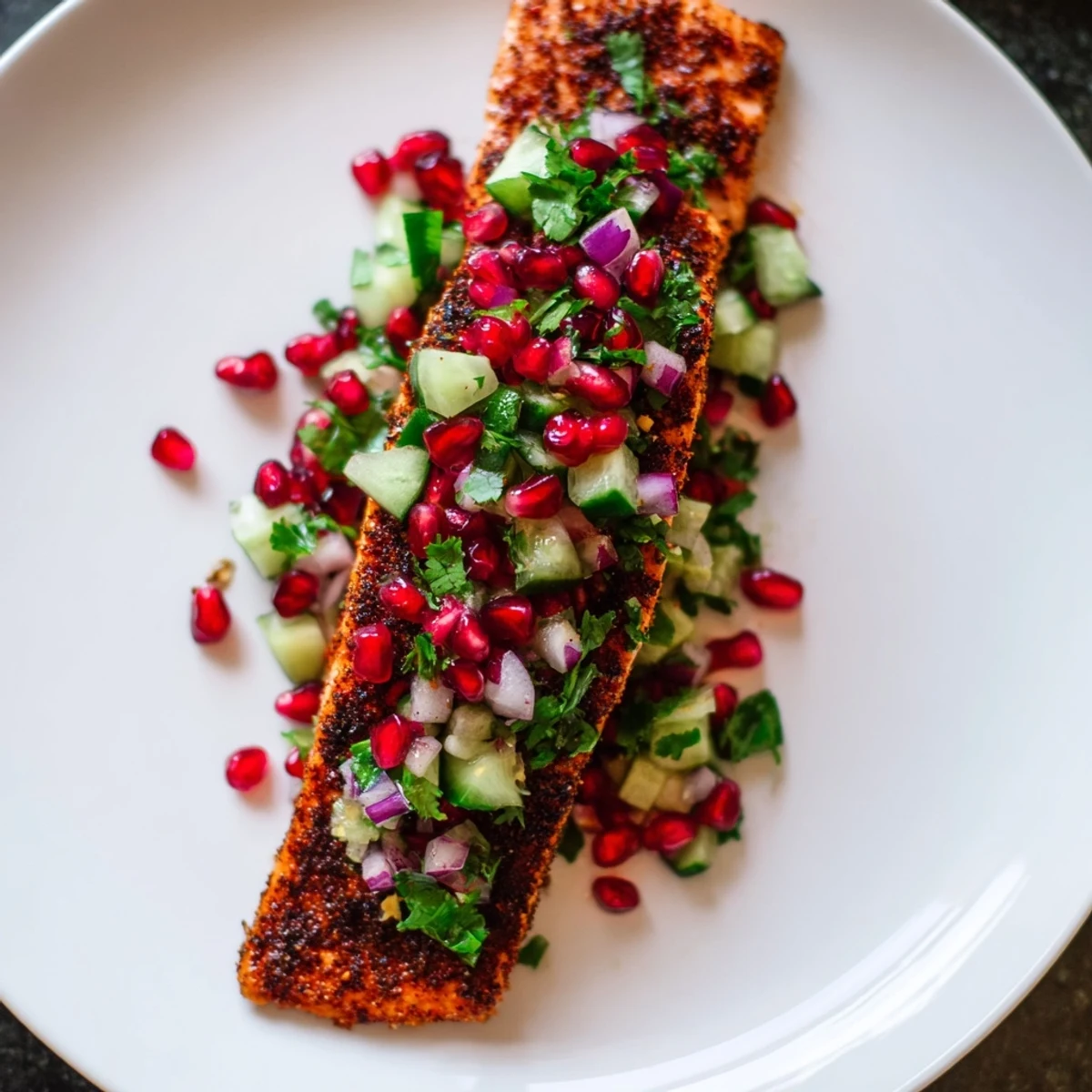 Flaky Cajun spiced salmon fillets glistening under a juicy, fresh pomegranate salsa drizzle.