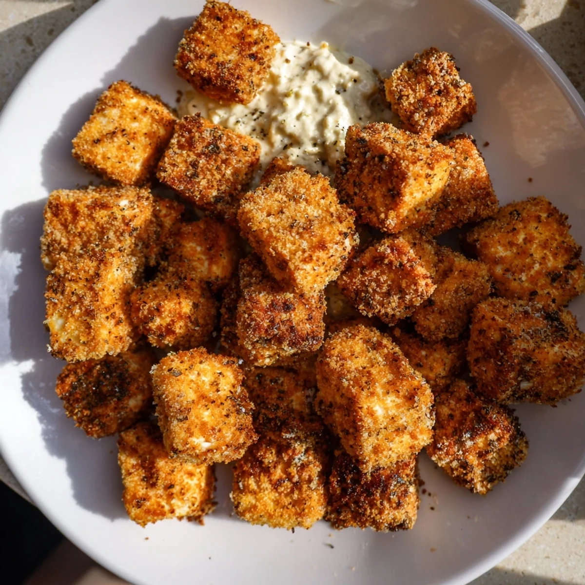 Golden, crispy, baked crispy tofu nuggets with creamy holiday spice dip on the side for dipping.