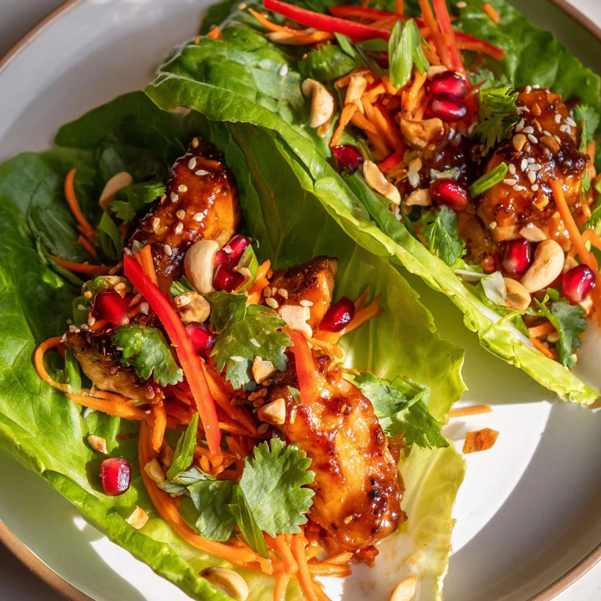 Crisp lettuce wraps filled with colorful Korean BBQ chicken, perfect for holiday appetizers.