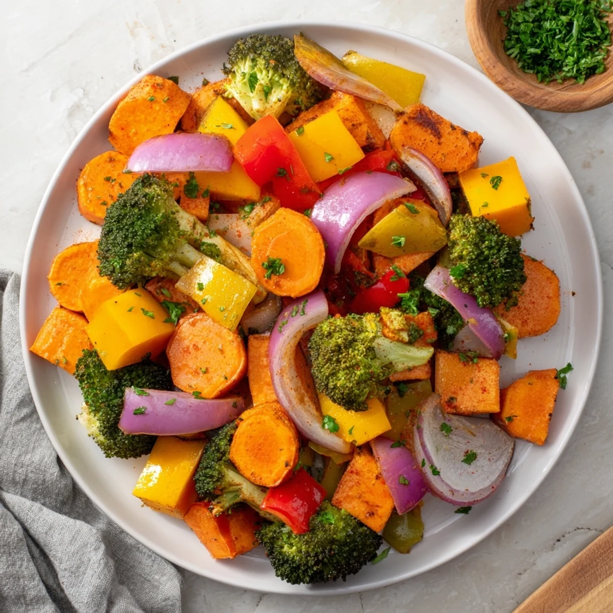 Tender, golden-brown Friendsgiving Rainbow Roasted Vegetable Medley, a colorful side bursting with roasted flavors.