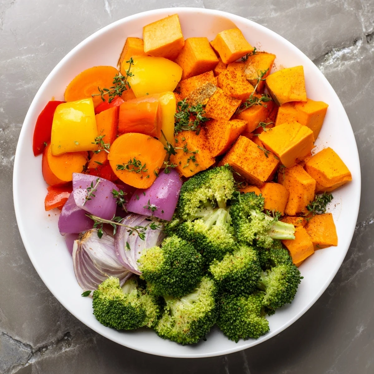 Brightly colored Friendsgiving Rainbow Roasted Vegetable Medley, perfectly roasted and seasoned, perfect for any holiday feast.