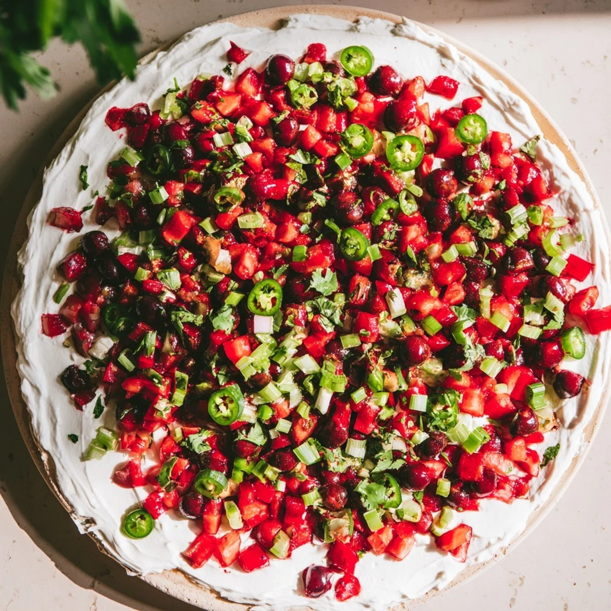 Vibrant Spiced Cranberry Jalapeño Cream Cheese Dip with a sweet-and-spicy cranberry topping.