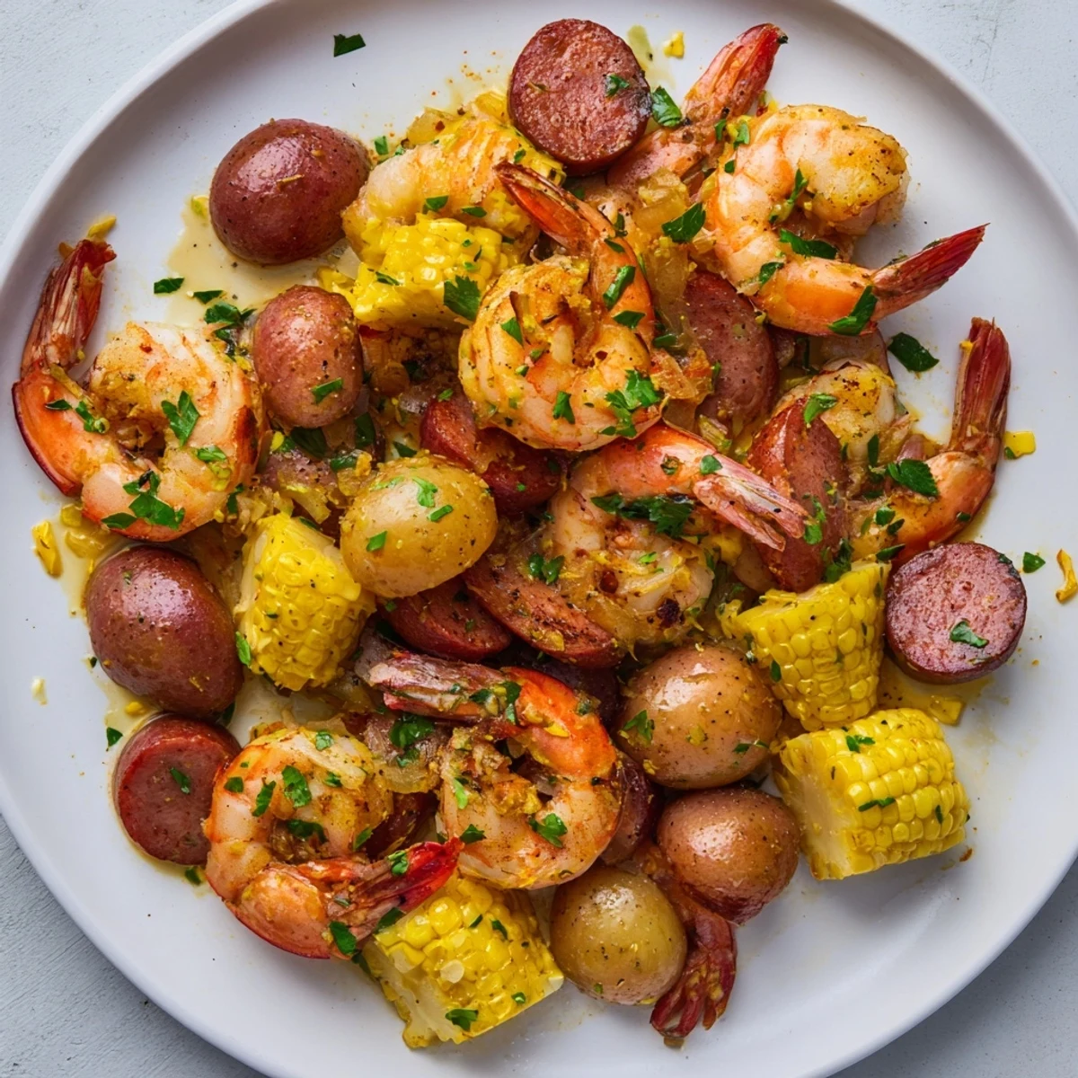 Sheet pan shrimp boil with lemon butter, a vibrant array of shrimp and vegetables, ready to serve.