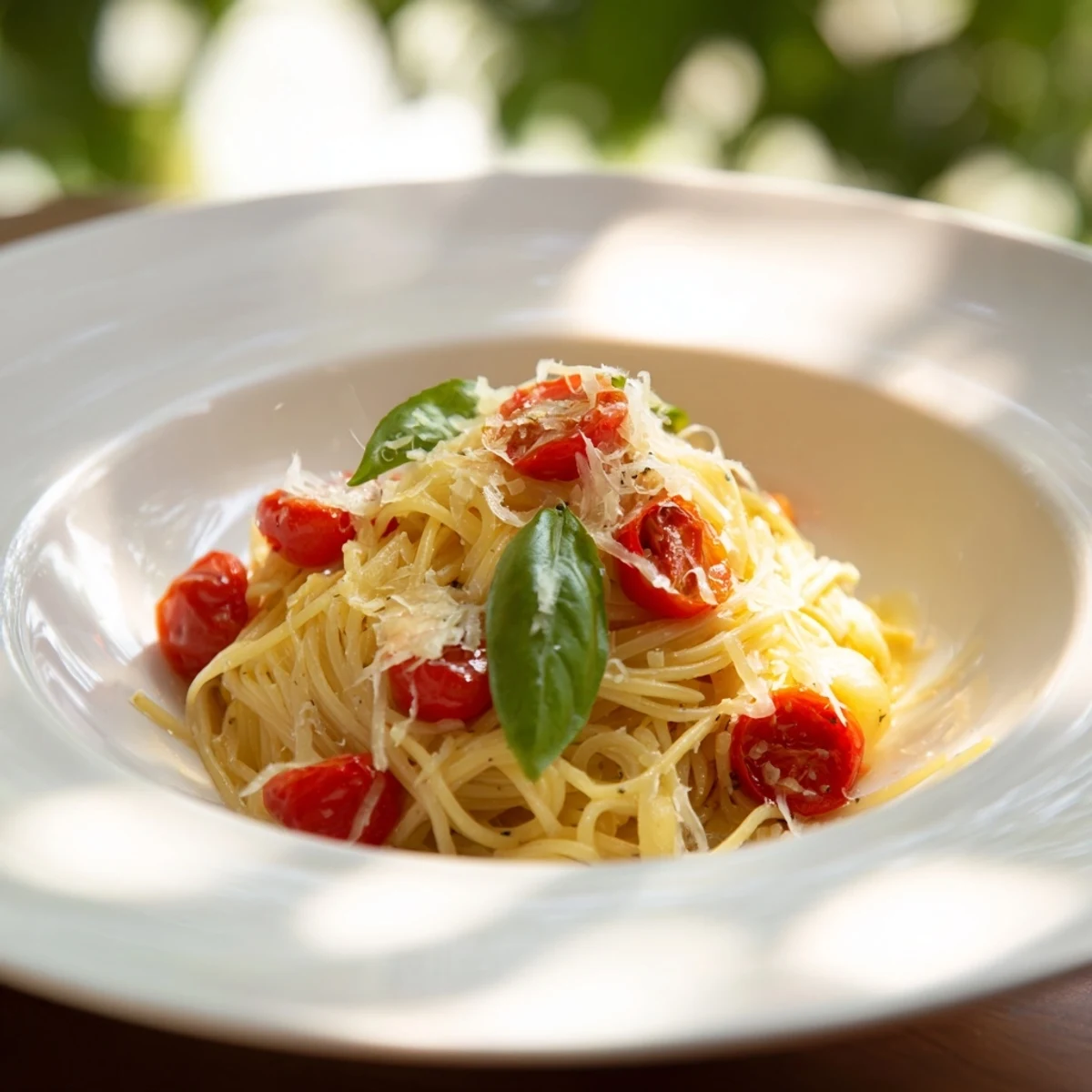 Steaming Lazy-Girl Pasta with juicy cherry tomatoes, garlic, finished with Parmesan cheese and basil.