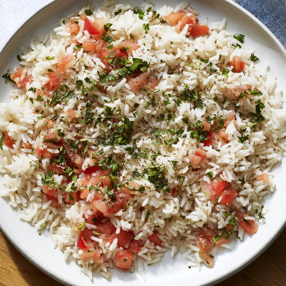A vibrant Tomato-Rice Skillet Dinner, steaming hot, with fluffy rice and juicy tomatoes, ready to serve.