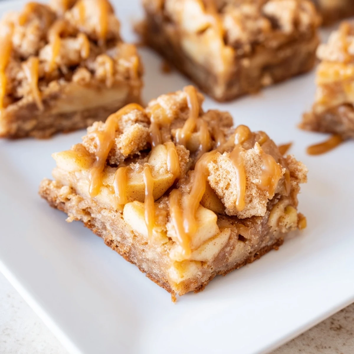 A close-up of delicious Caramel Apple Cookie Bars, layered with caramel and sweet apple slices.