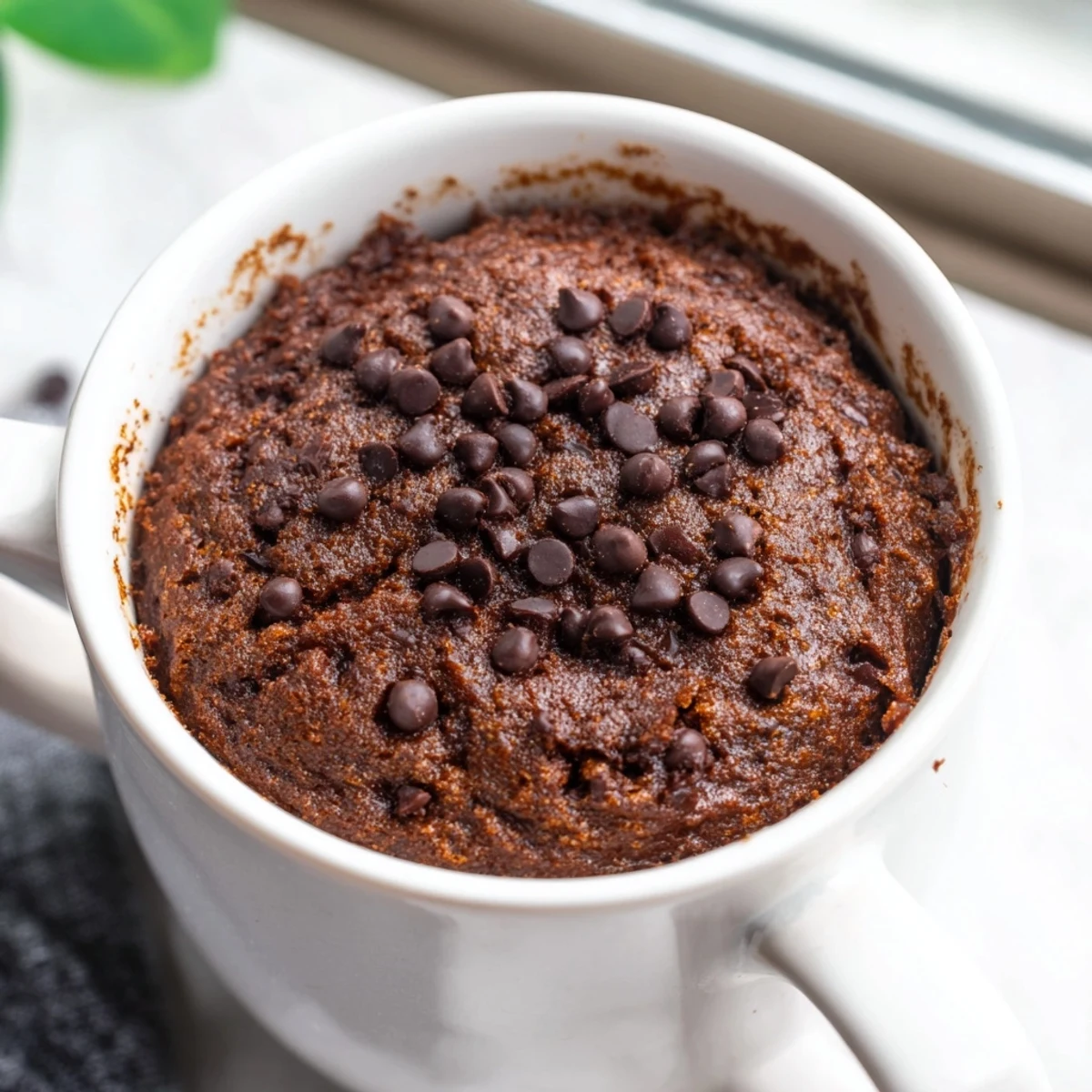 A steaming mug of rich, dark chocolate Microwaved Mug Cake, a quick and satisfying dessert treat.