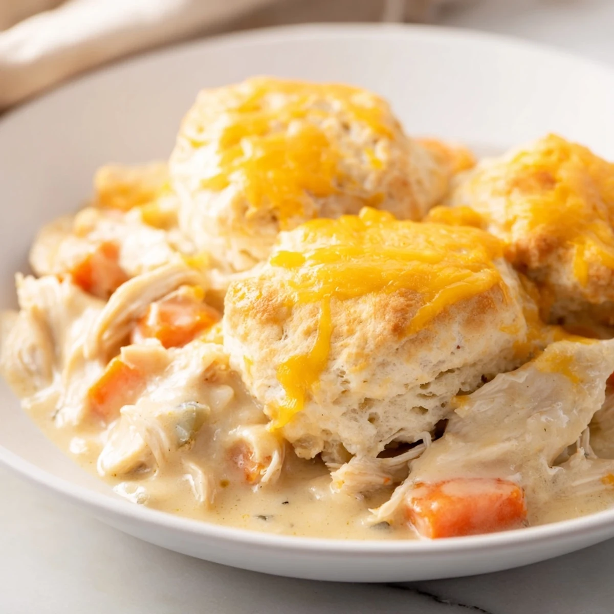 Hearty One-Pan Chicken Cobbler with a rich chicken and vegetable filling topped by golden cheddar biscuits.