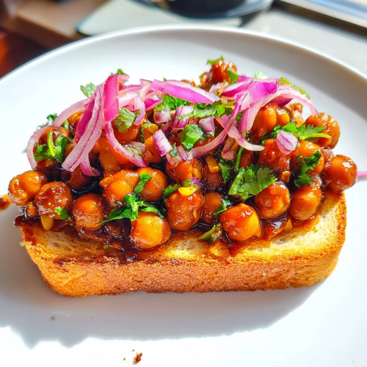 Enjoy a plate of flavorful BBQ chickpeas on toast, garnished with red onion and avocado.