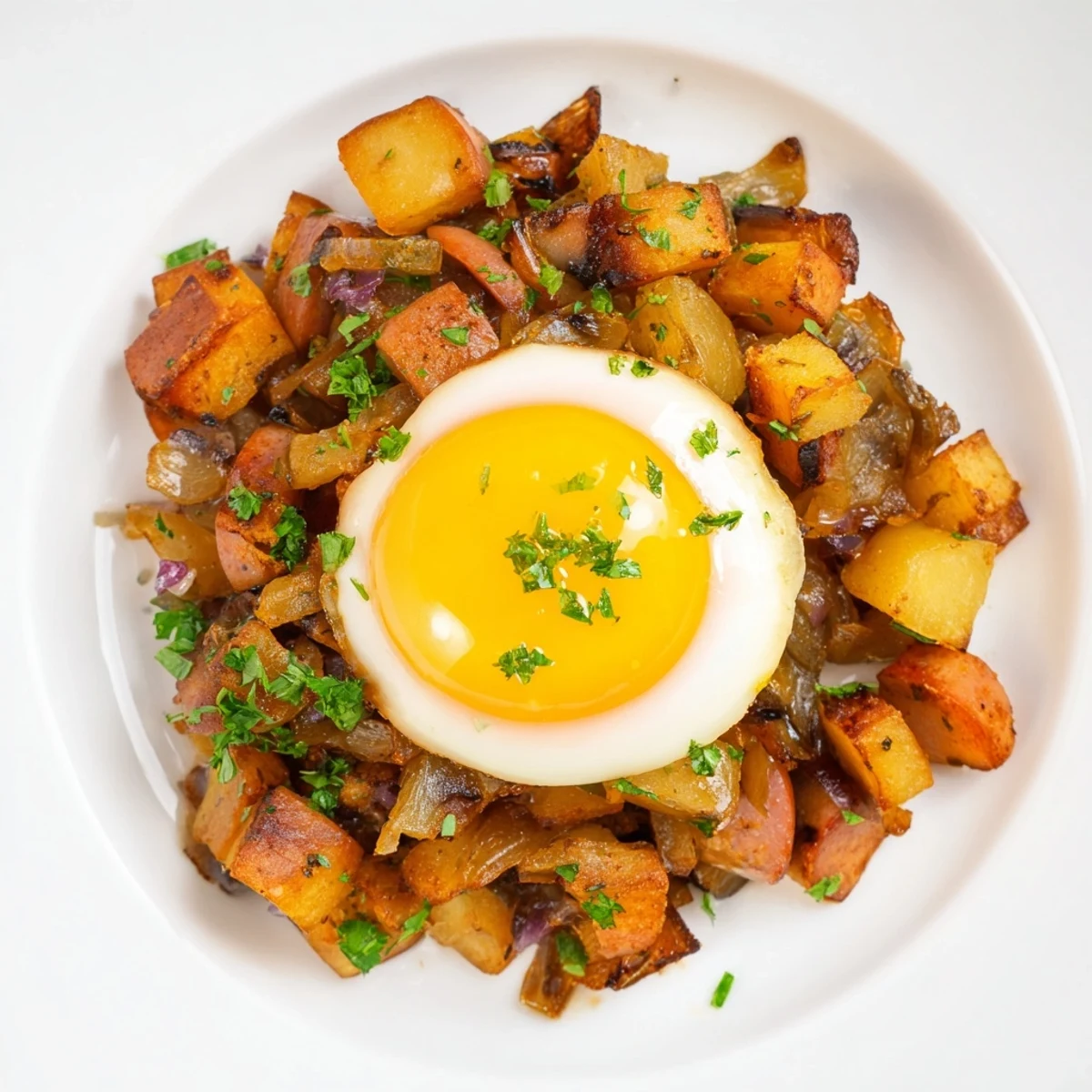 Golden-brown Egg & Potato Hash with hot dogs, topped with perfectly cooked sunny-side-up eggs ready to serve.