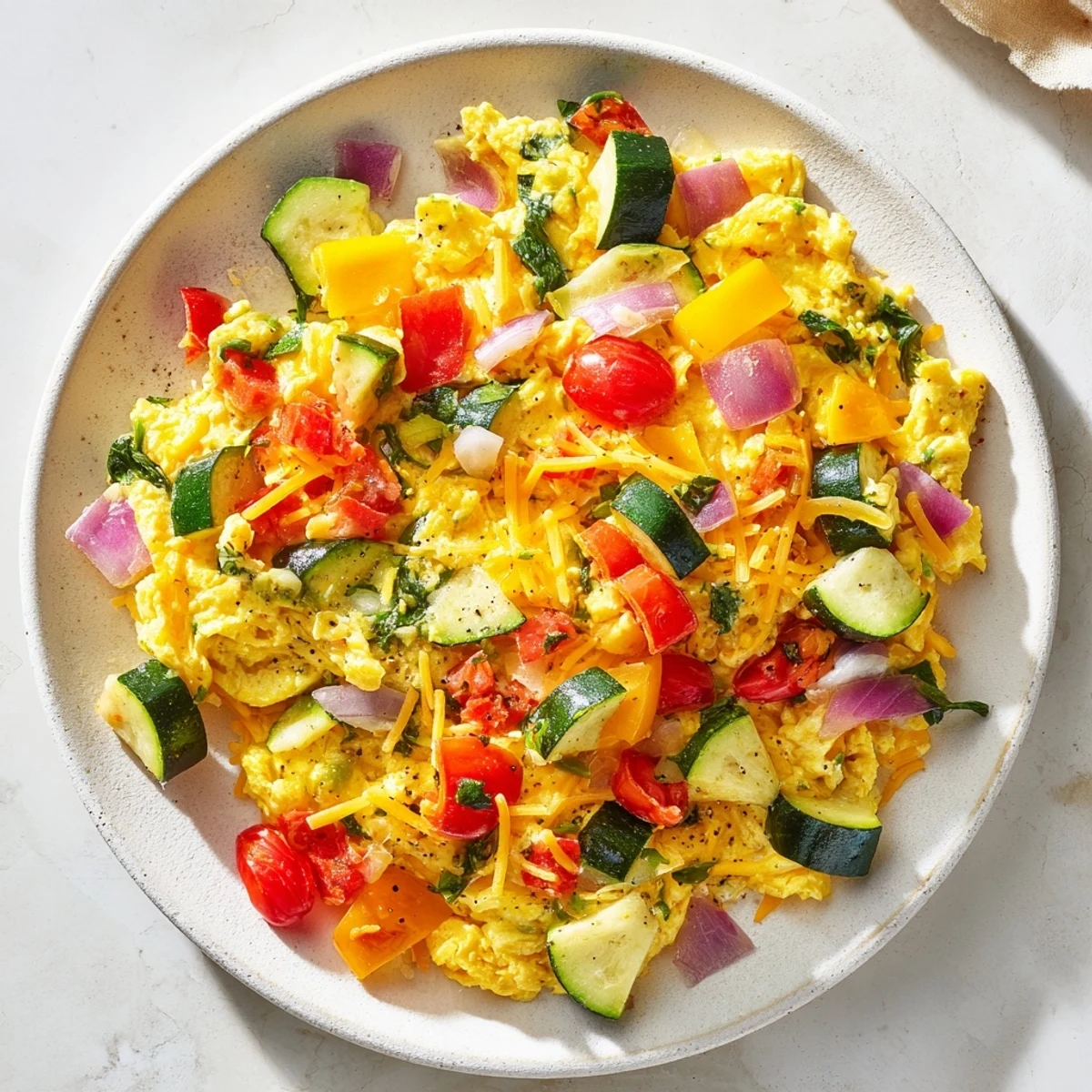 Golden-brown Egg & Veggie Sheet Pan Scramble with roasted vegetables and melted cheese, ready to eat!