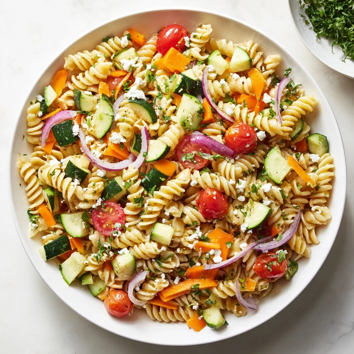 Pasta Salad with Seasonal Veggies & Simple Dressing bursting with colorful veggies and creamy dressing.