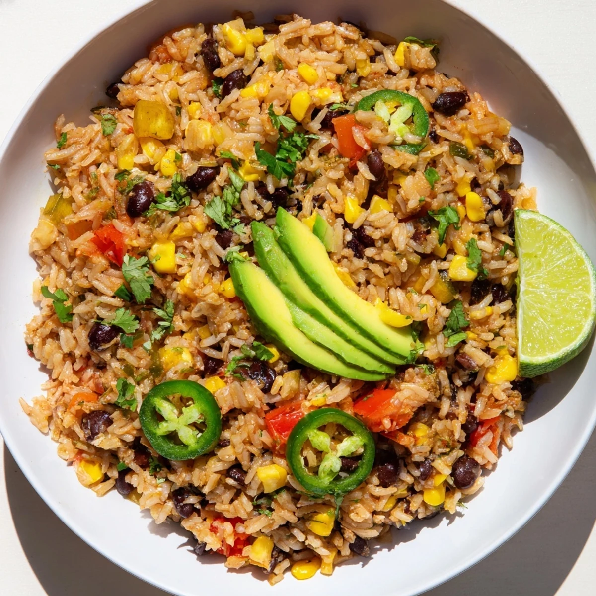 This hearty one-pot Mexican Rice & Beans features tender rice, black beans, and colorful bell peppers, ready to eat.
