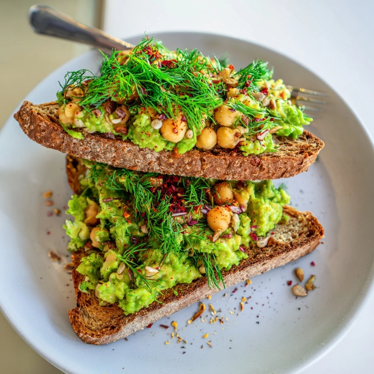 Vibrant avocado toast bursting with flavor, showcasing mashed avocado, chickpea mixture, and fresh herbs.