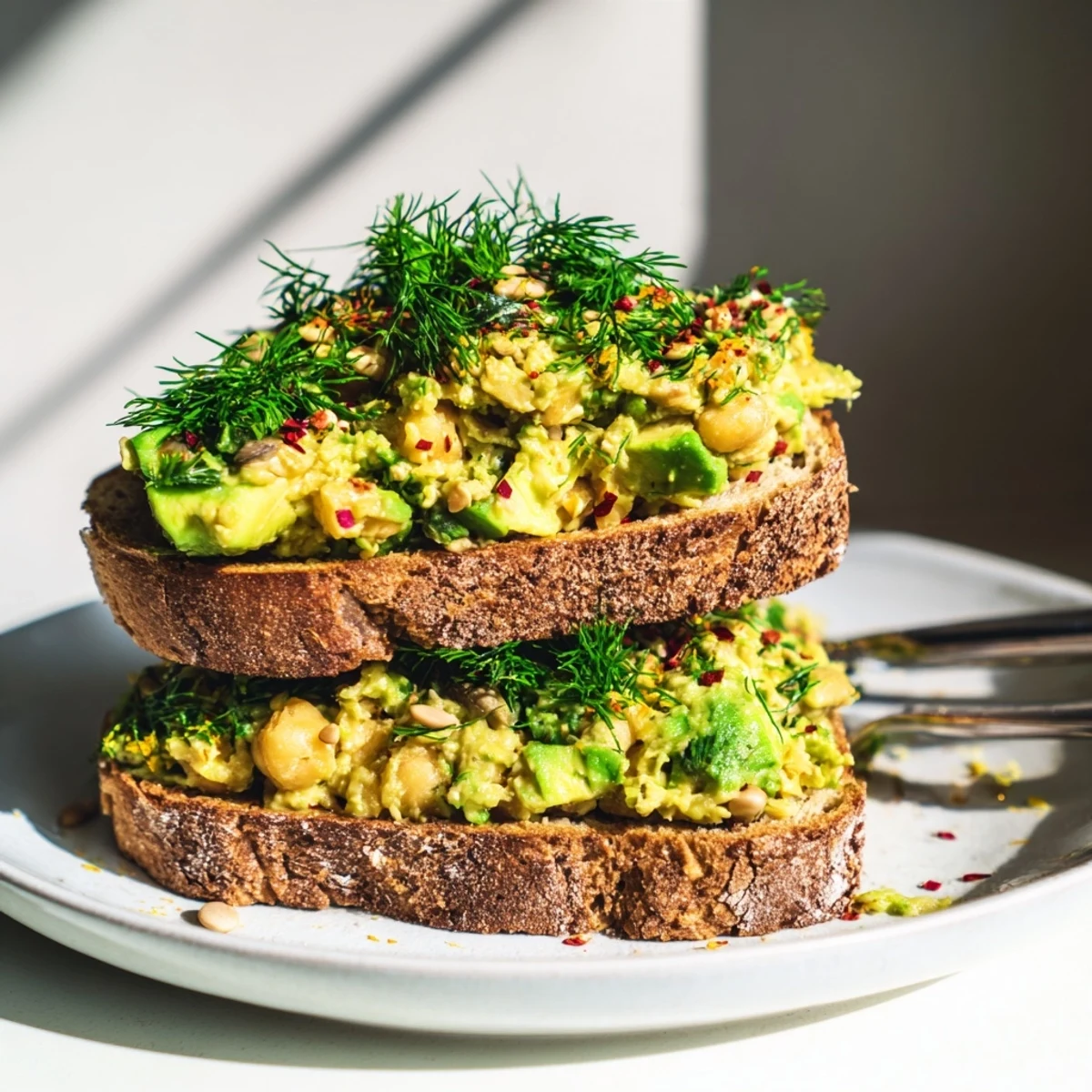 Toasted bread topped with creamy avocado, spiced chickpeas, and fresh herbs in this avocado toast.