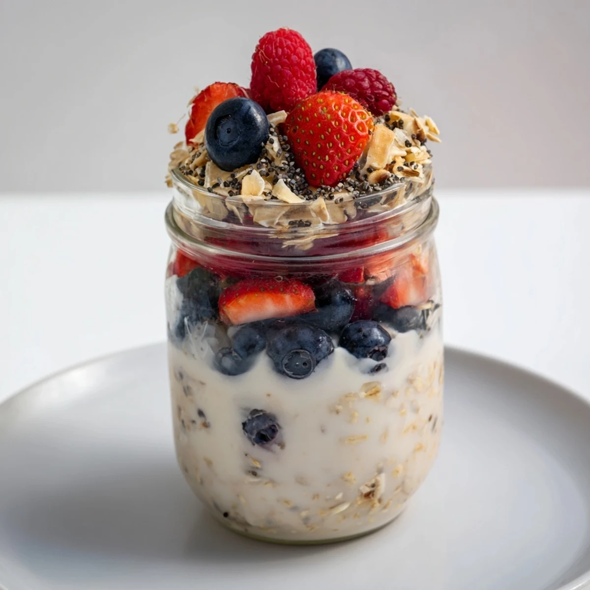 Overnight oats in jars, layered beautifully with fresh berries and granola, ready to eat.