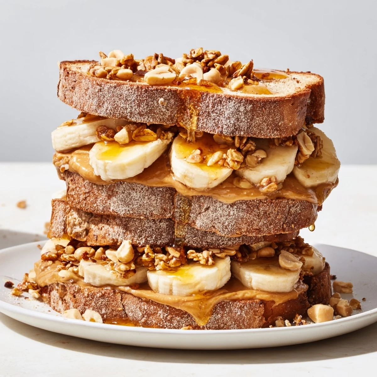 Golden, toasted peanut butter and banana sandwich, drizzled with honey, ready to eat.