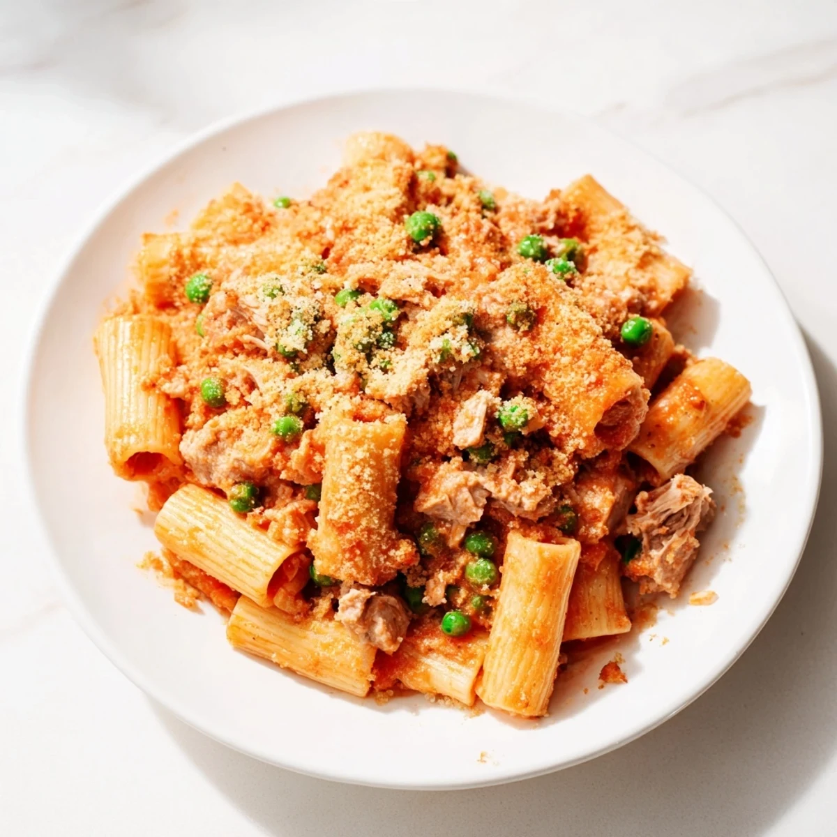 Close-up shot shows a bubbling, cheesy tuna pasta bake with flavorful, rich textures.