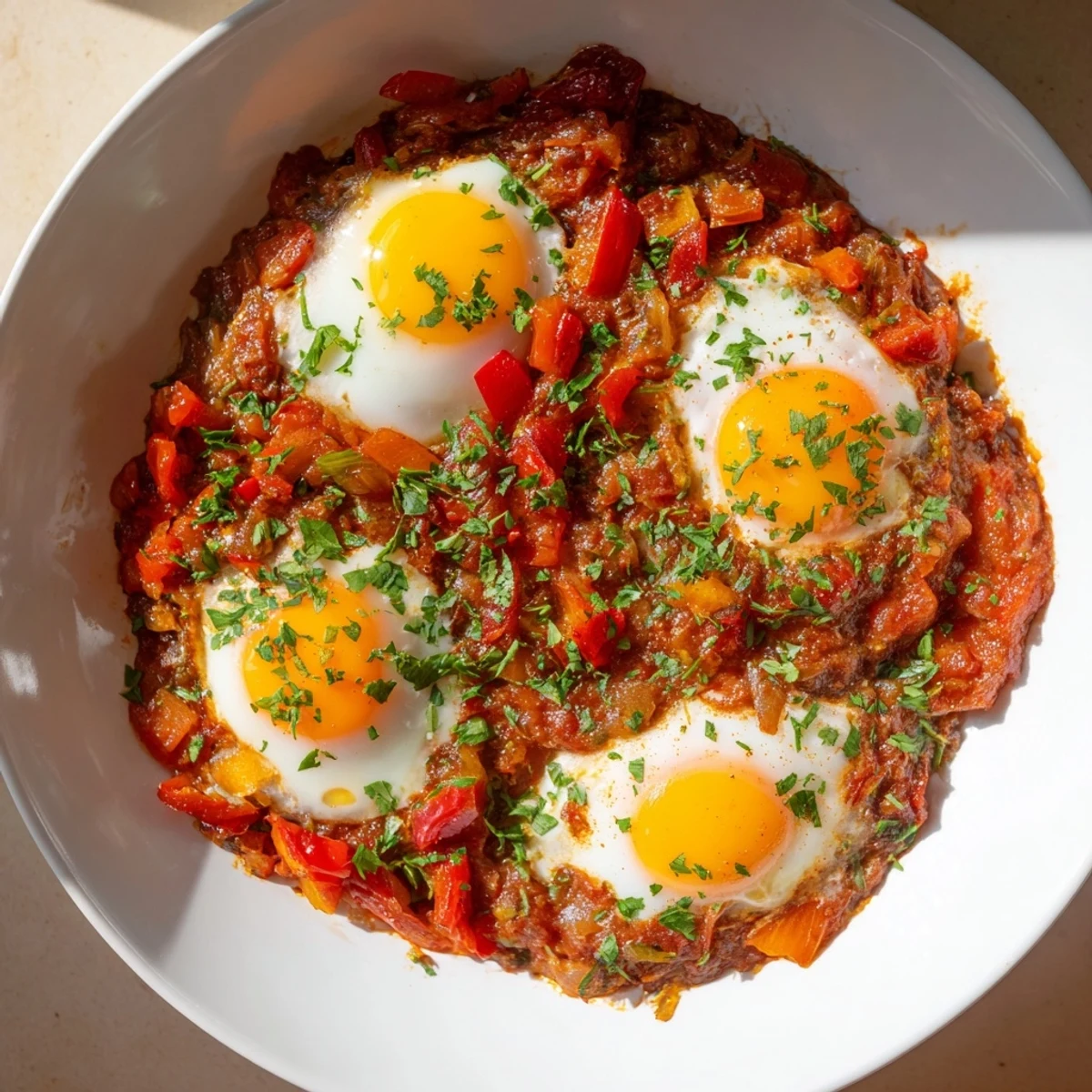 Golden baked eggs in tomato sauce, ready to serve with fresh herbs and crusty bread.