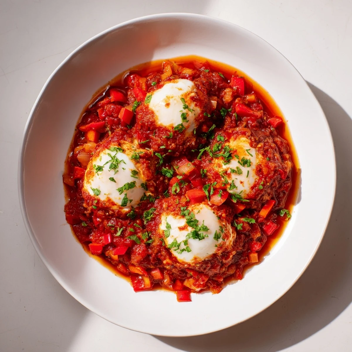 Simmering tomato sauce surrounds perfectly cooked Savoury Baked Eggs, topped with fresh green herbs.