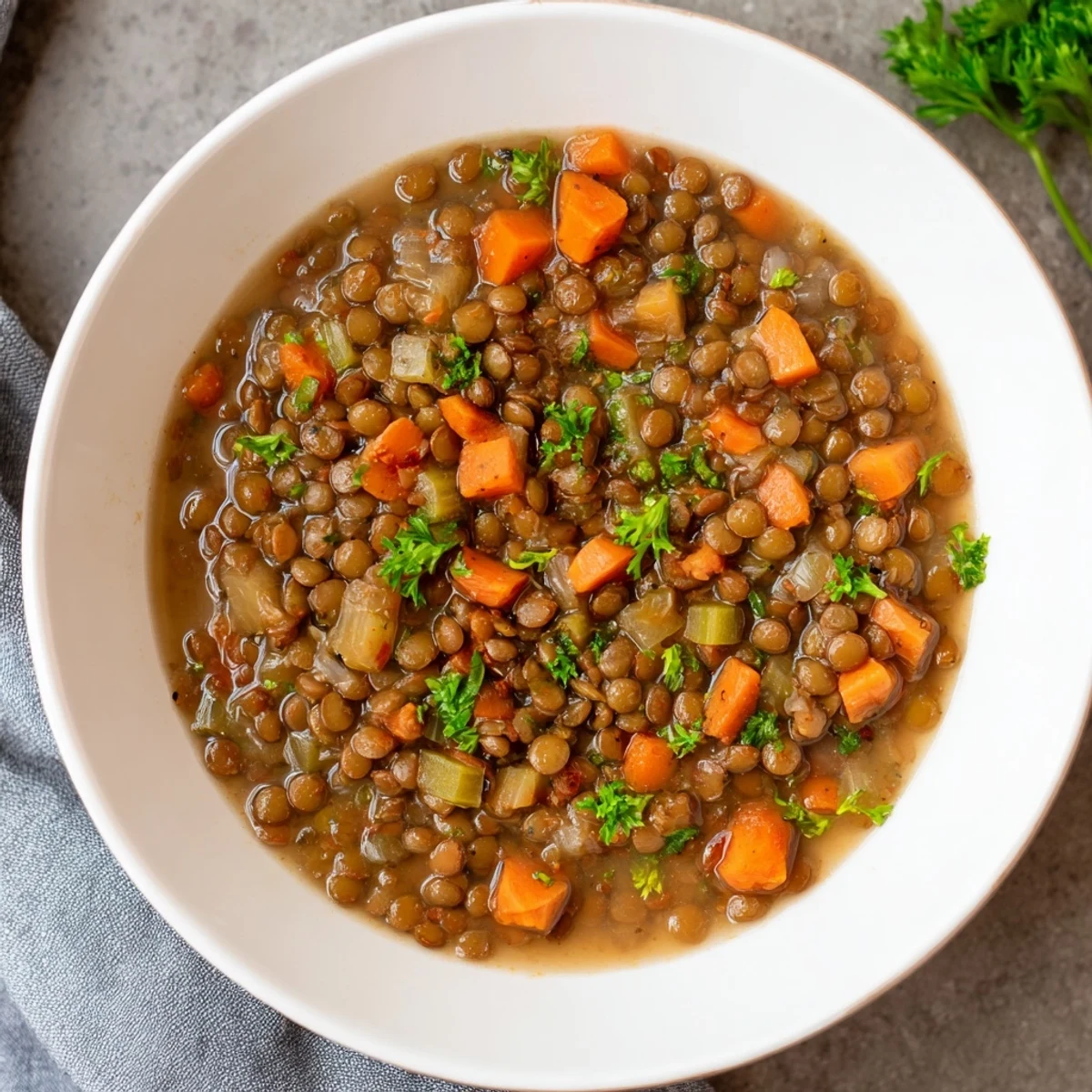 Steaming bowl of Lentil Soup with carrots and celery, garnished with fresh herbs, ready to serve.
