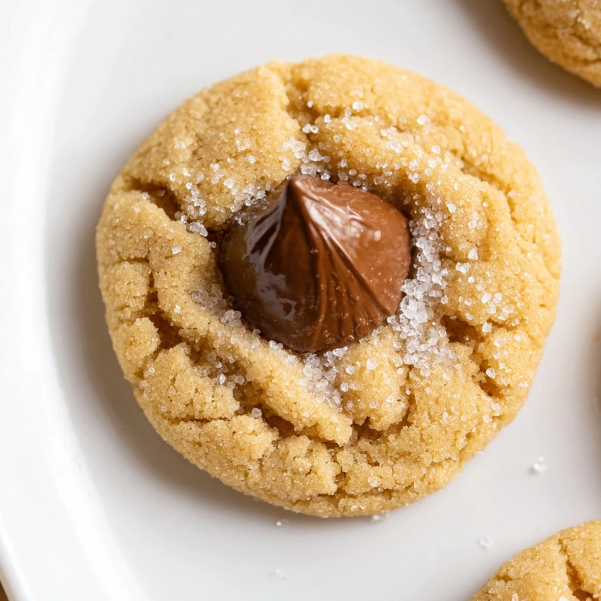 Golden-brown 3-Ingredient Peanut Butter Blossoms, ready to eat, showing the chocolate kiss topping.