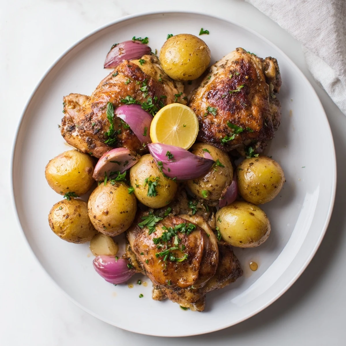 Crispy, golden Sheet Pan Zaatar Chicken with roasted potatoes, offering a flavorful and easy weeknight dinner.