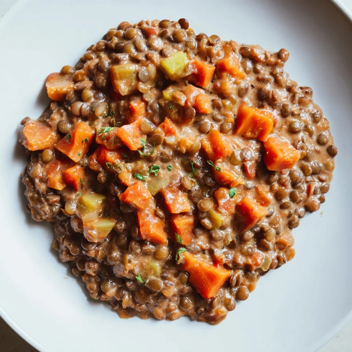 A close-up of a bowl of delicious Creamy Tomato Basil Lentil Bolognese, a hearty vegan meal.