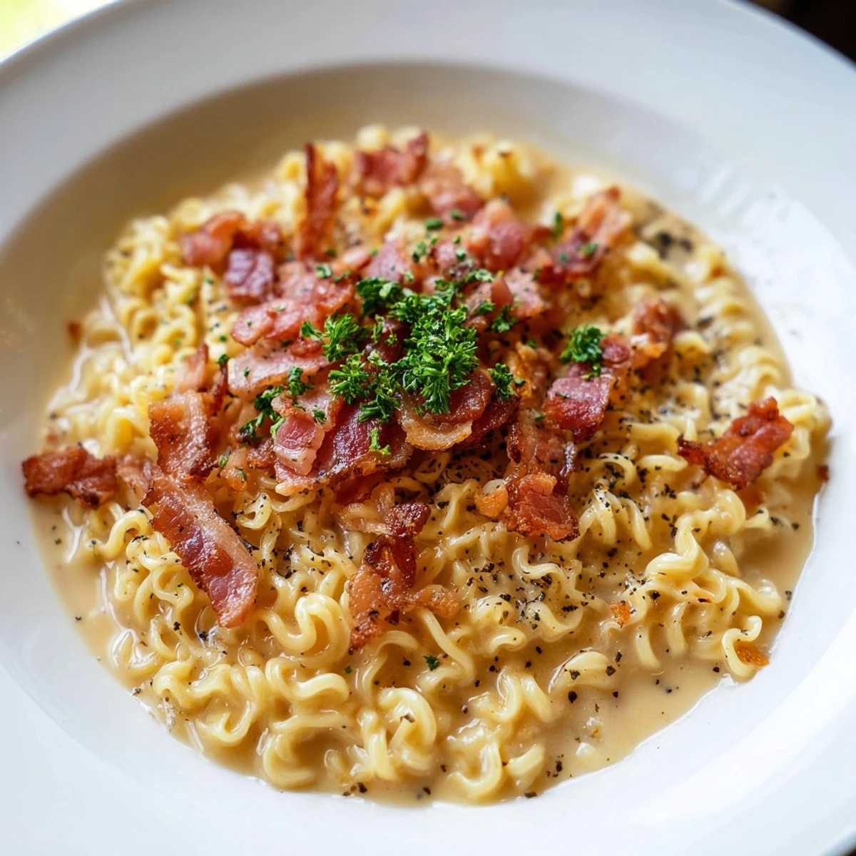 Homemade Instant Pot Carbonara Ramen, swirling with Parmesan cheese and savory bacon crumbles for a quick meal.