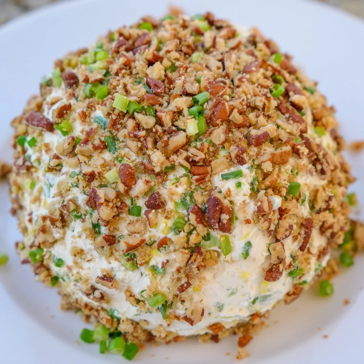 Golden-brown, nut-crusted Classic Cheese Ball with green onion flecks, ready to be enjoyed.