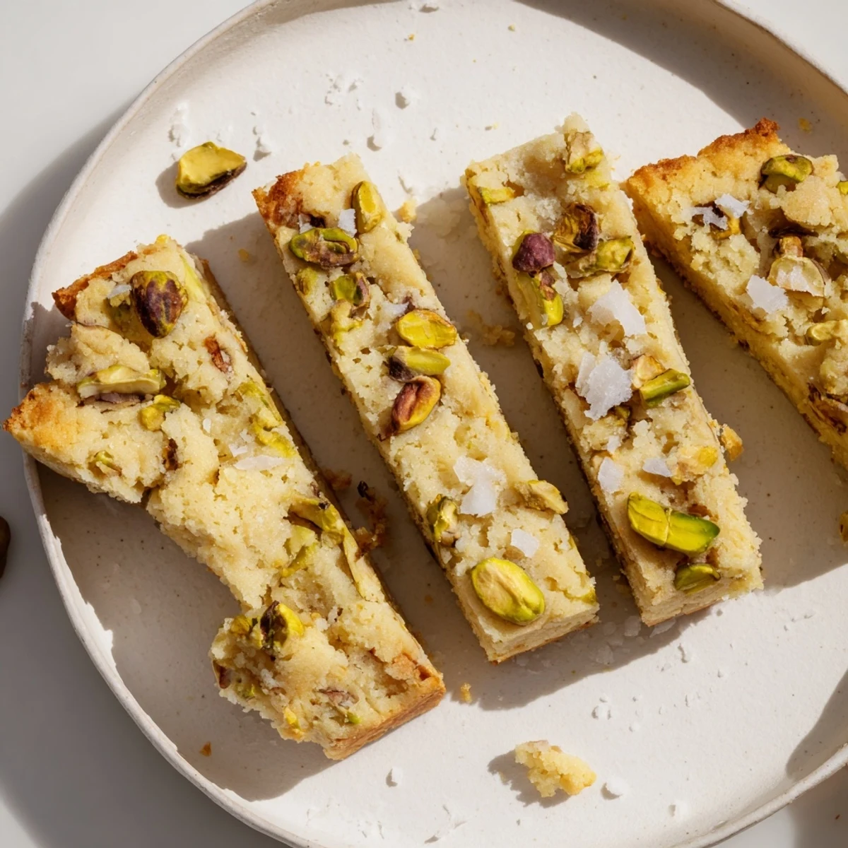 Close-up of baked Salted Pistachio Slice & Bake Shortbread, showing pistachio bits and sea salt crystals glistening.