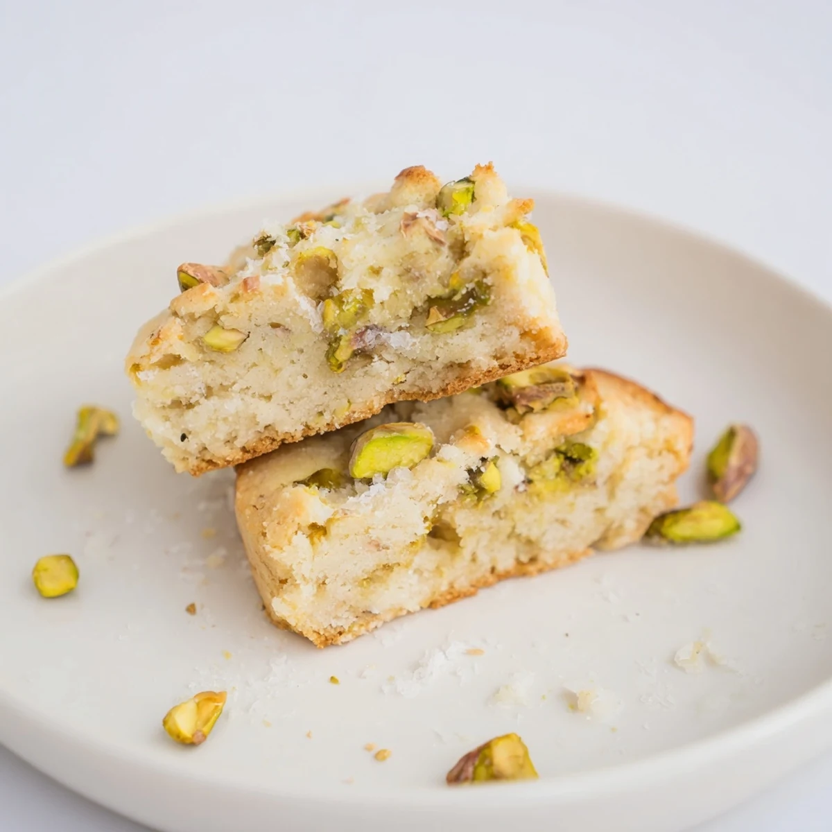 Golden, flaky Salted Pistachio Slice & Bake Shortbread cookies sprinkled with sea salt, ready for a treat.