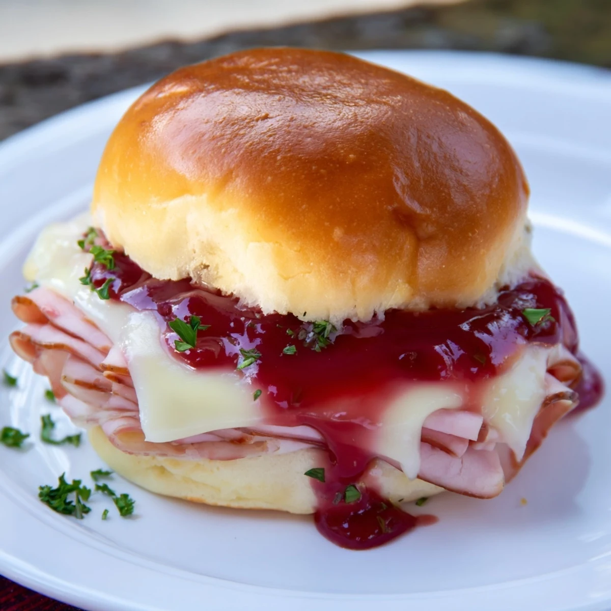 Warm Cherry-Glazed Ham and Cheese Slider Mashup, perfect for game day, with melted Swiss cheese and ham.
