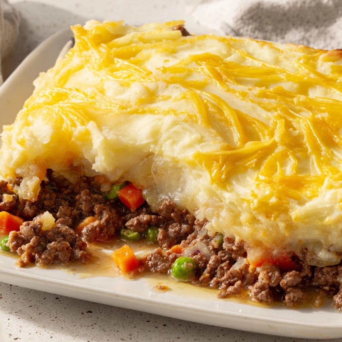 A bubbling, golden Budget Shepherds Pie with creamy mashed potato topping, perfect for a cozy dinner.